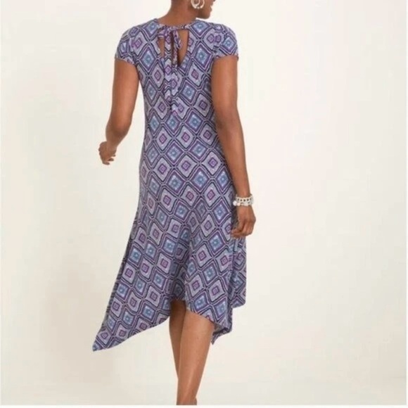 Chico's Asymmetrical Short Sleeve Stretchy Midi Dress Sz 3 Geometric Keyhole - Picture 3 of 15